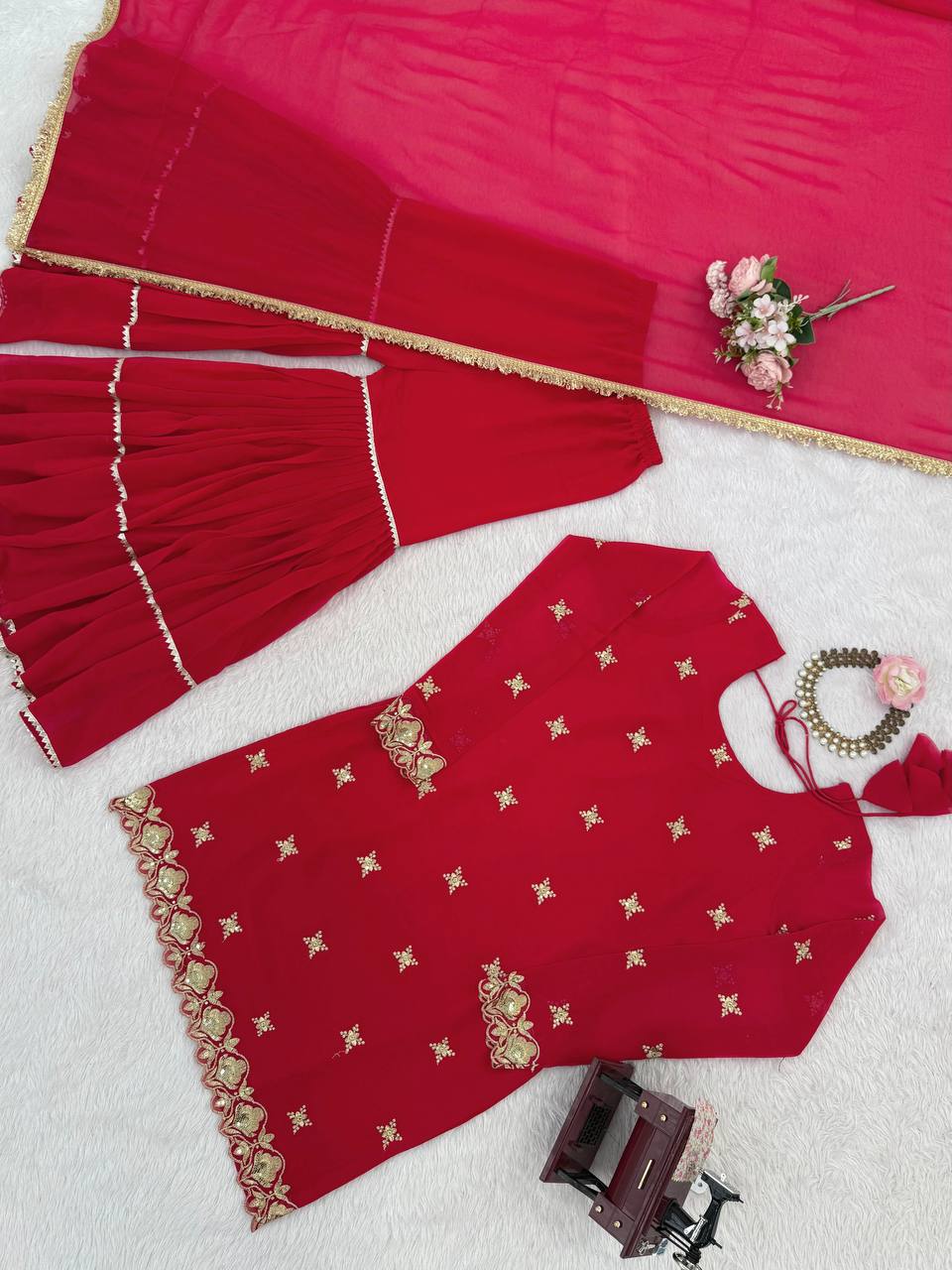 Modern Ethnic Faux Georgette Sharara Set for Women with Thread & Sequin Embroidery, Designer Kurta, Full Sharara & 4-Side Lace Border Dupatta