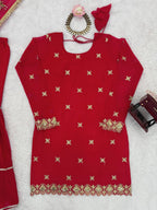 Beautiful Red Georgette Thread & Sequins Work Sharara Set