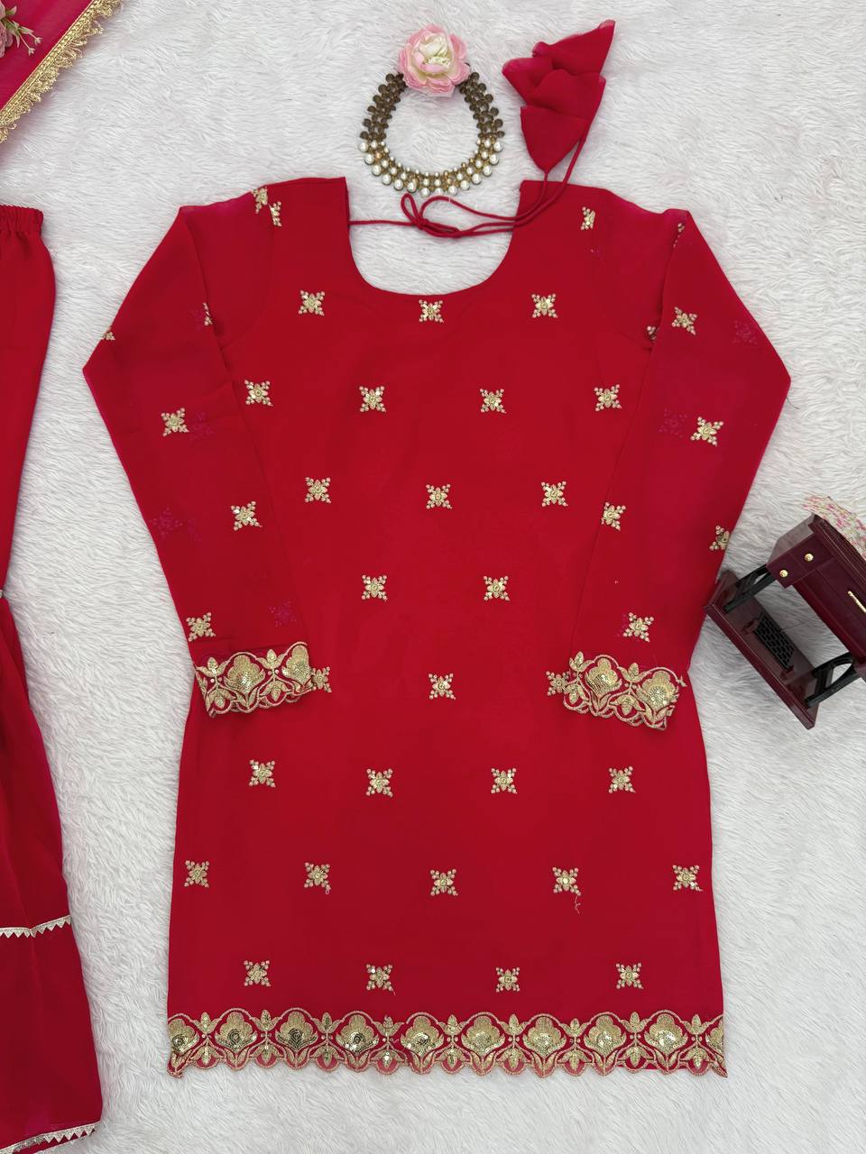 Beautiful Red Georgette Thread & Sequins Work Sharara Set