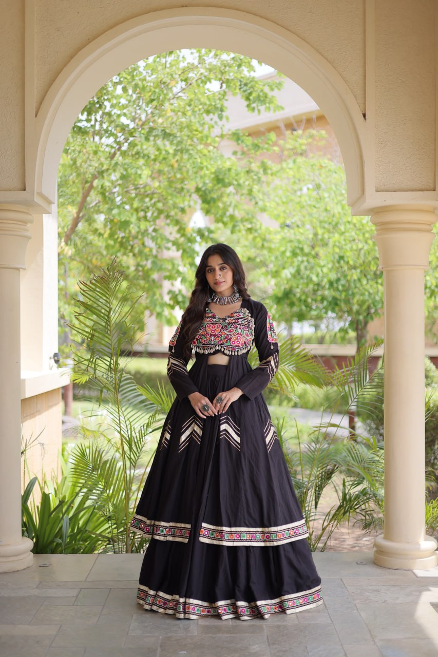 Navratri Special Cotton Lehenga & Shrug Set with Gamthi, Mirror Work