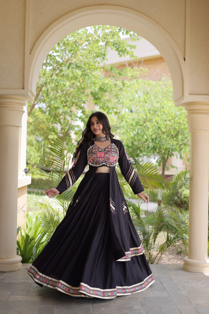 Navratri Special Cotton Lehenga & Shrug Set with Gamthi, Mirror Work
