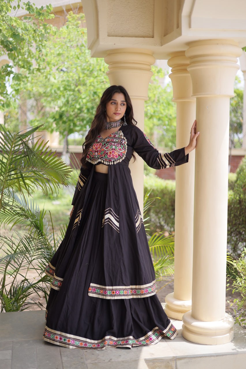 Navratri Special Cotton Lehenga & Shrug Set with Gamthi, Mirror Work
