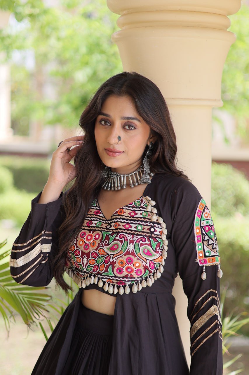 Navratri Special Cotton Lehenga & Shrug Set with Gamthi, Mirror Work