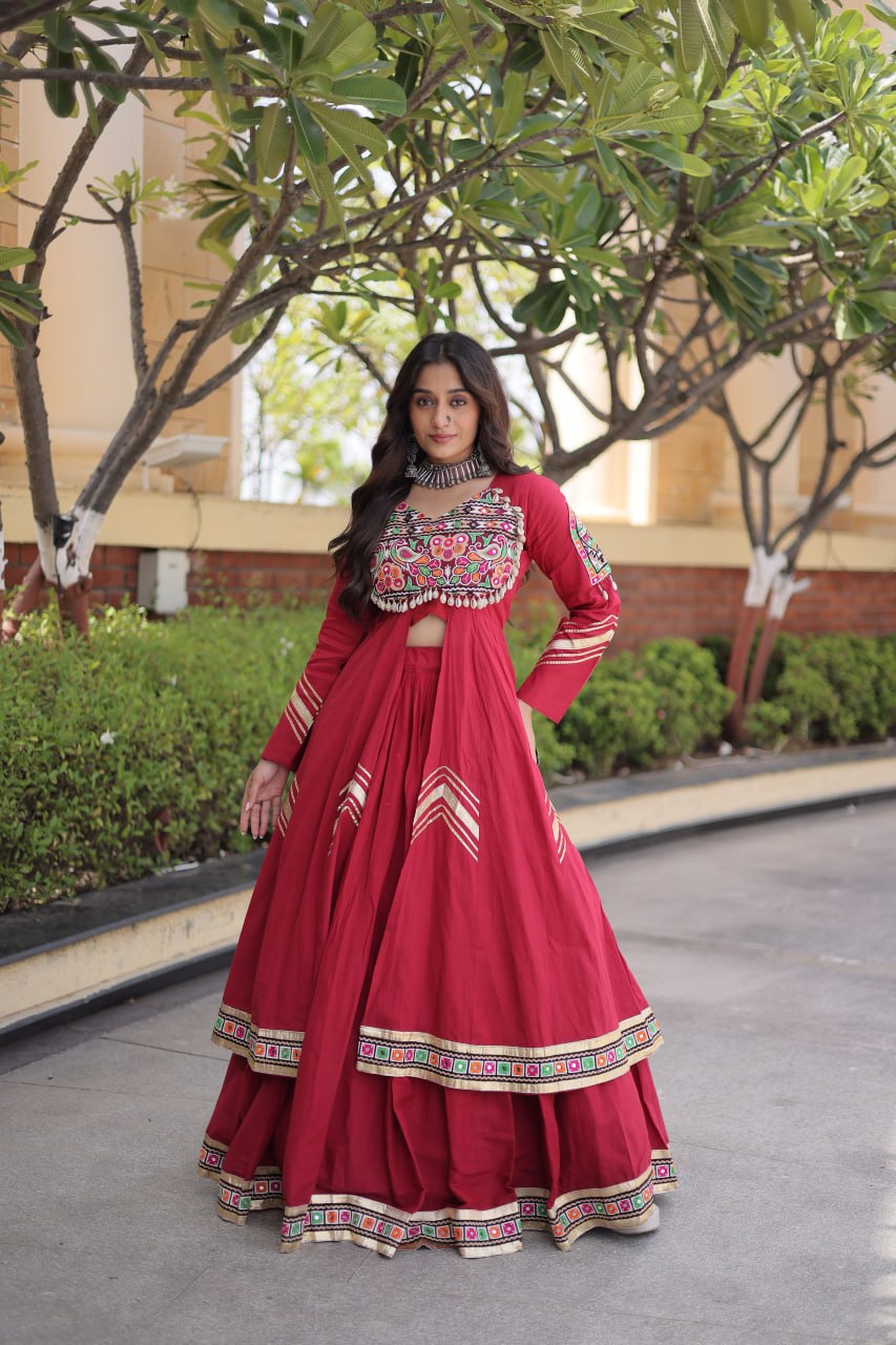 Navratri Special Cotton Lehenga & Shrug Set with Gamthi, Mirror Work
