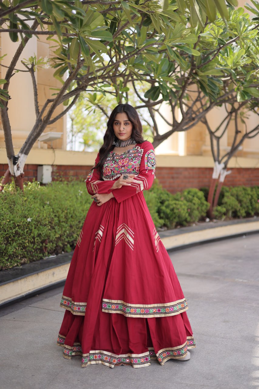Navratri Special Cotton Lehenga & Shrug Set with Gamthi, Mirror Work