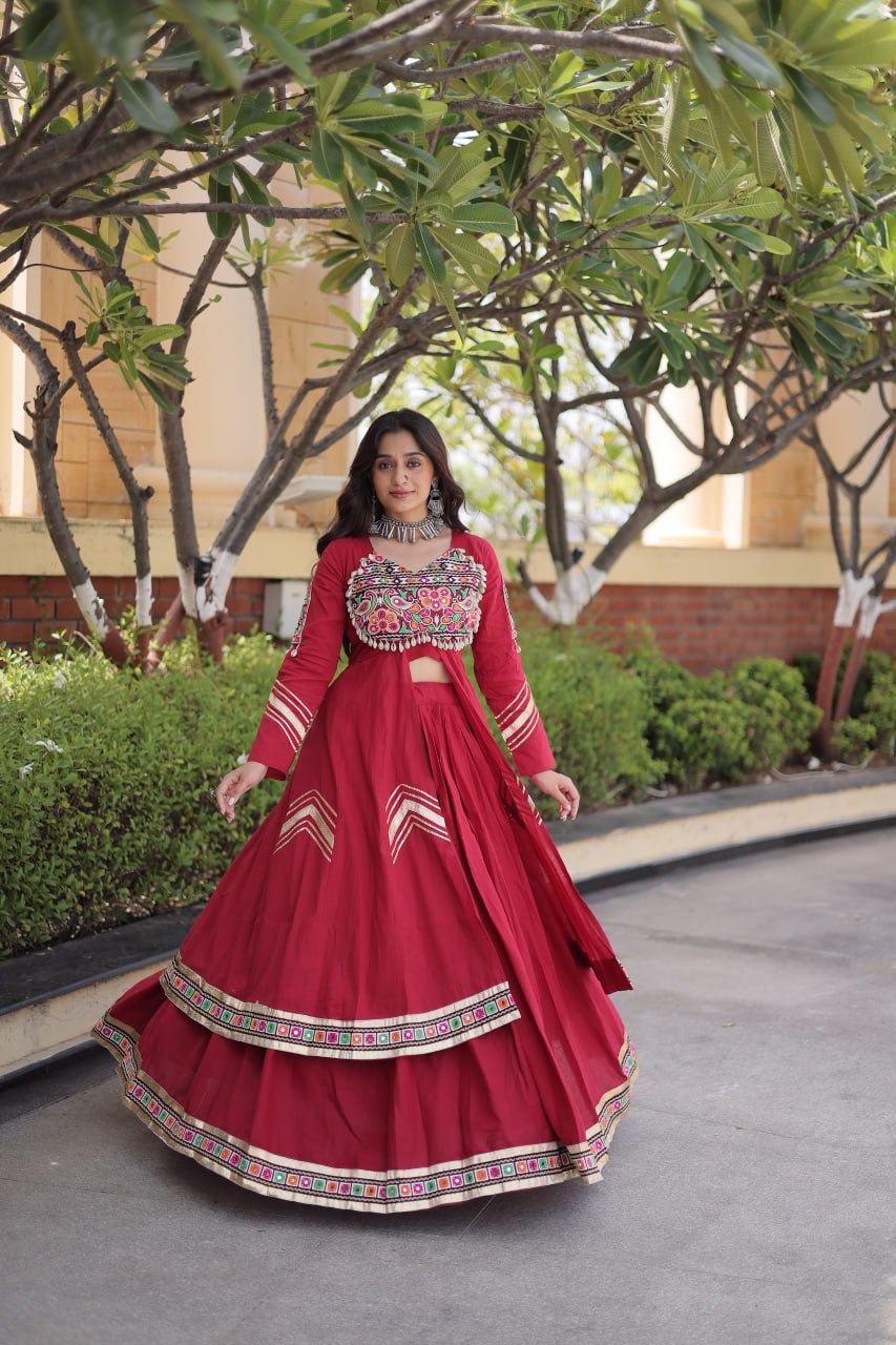Navratri Special Cotton Lehenga & Shrug Set with Gamthi, Mirror Work