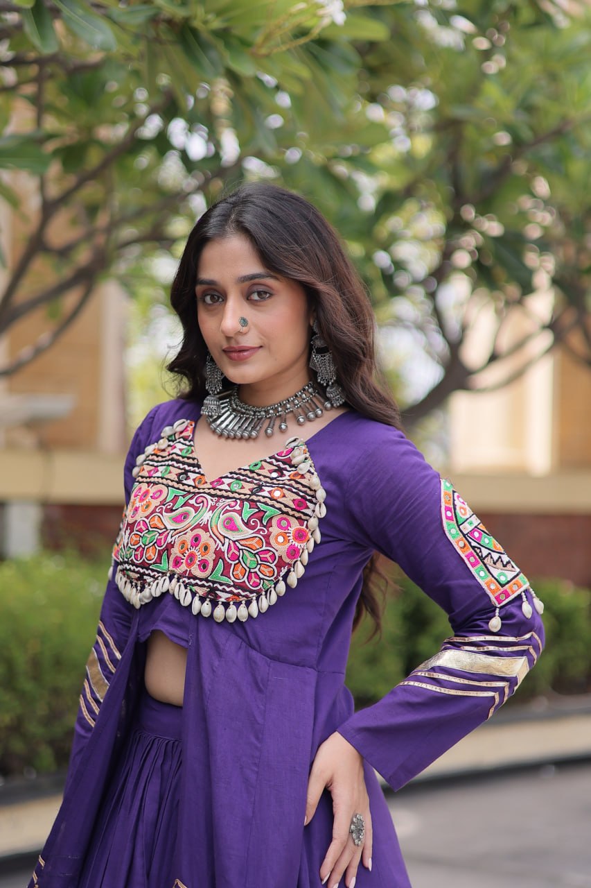 Navratri Special Cotton Lehenga & Shrug Set with Gamthi, Mirror Work