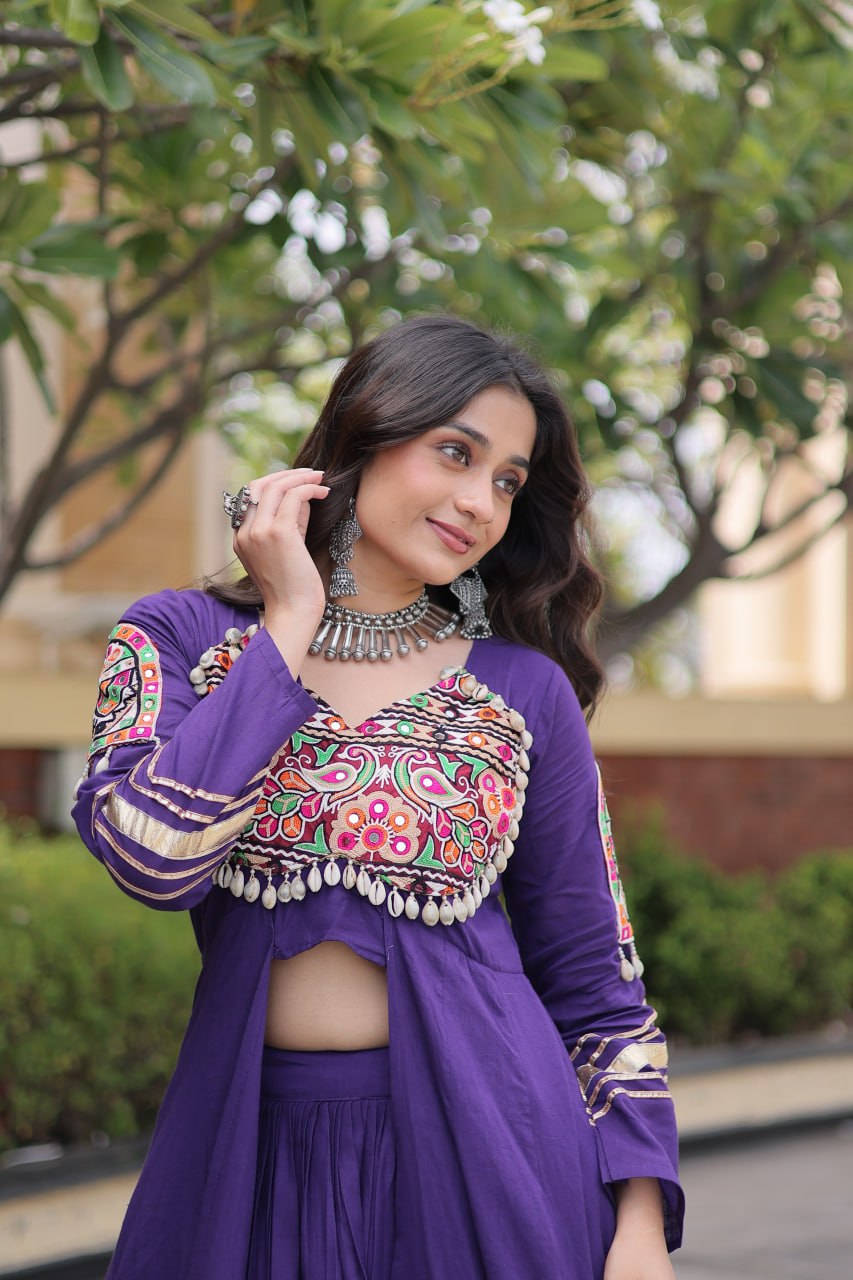 Navratri Special Cotton Lehenga & Shrug Set with Gamthi, Mirror Work