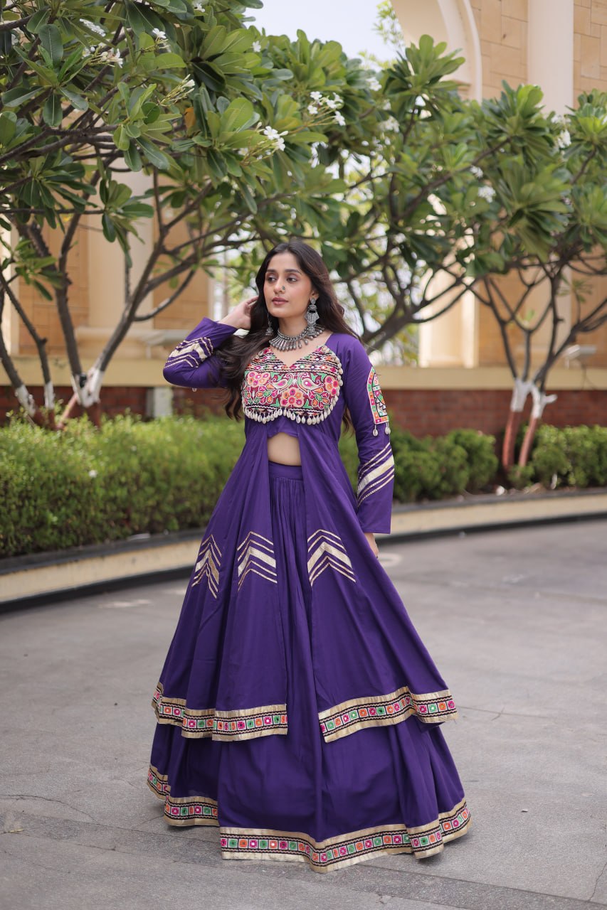 Navratri Special Cotton Lehenga & Shrug Set with Gamthi, Mirror Work