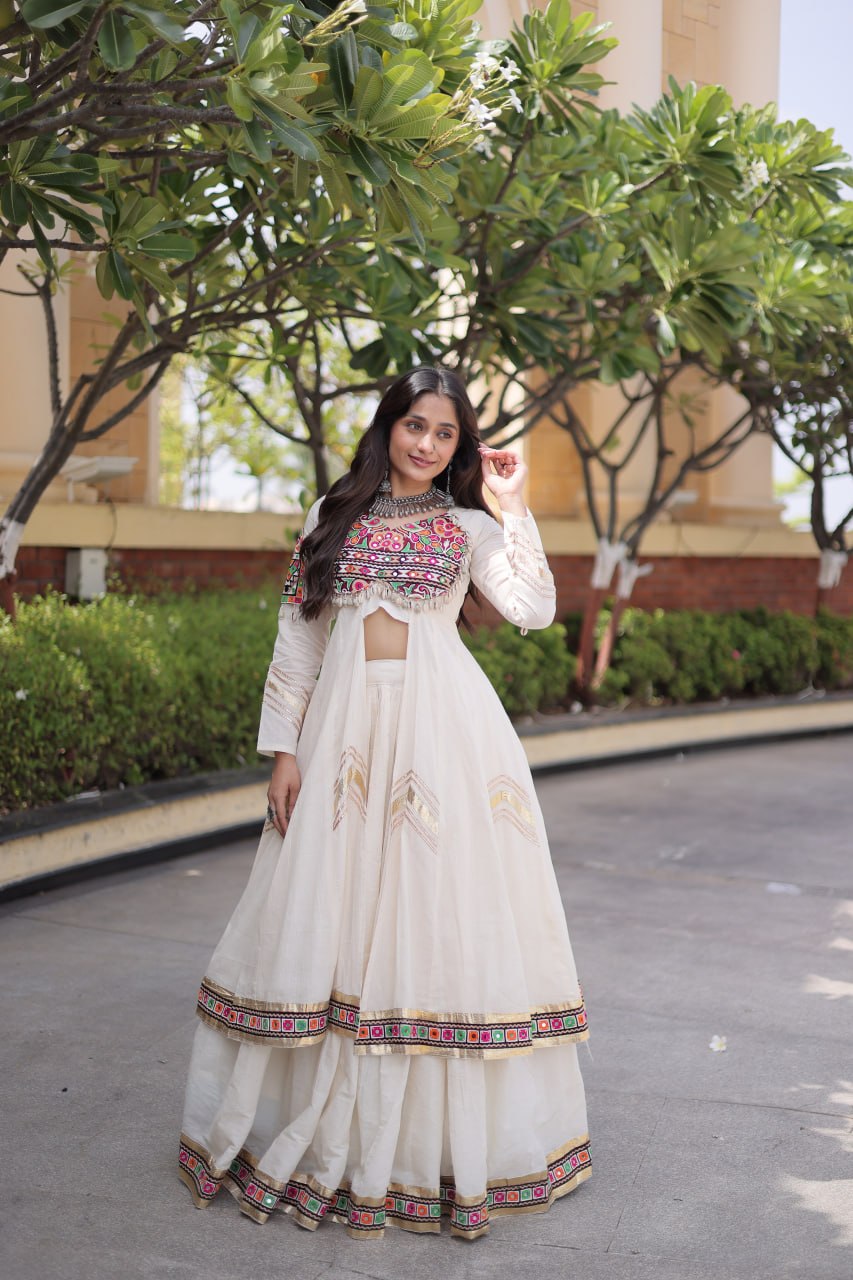 Navratri Special Cotton Lehenga & Shrug Set with Gamthi, Mirror Work