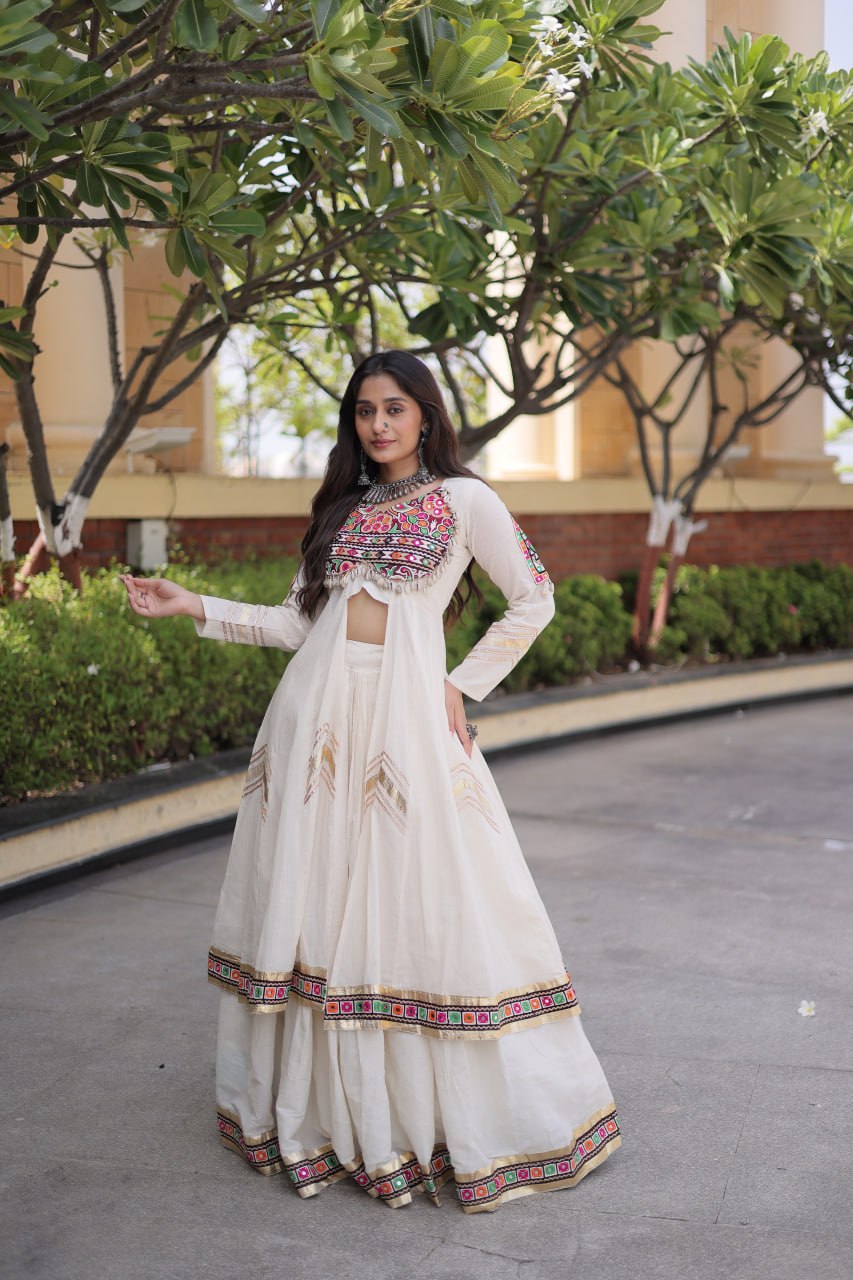 Navratri Special Cotton Lehenga & Shrug Set with Gamthi, Mirror Work