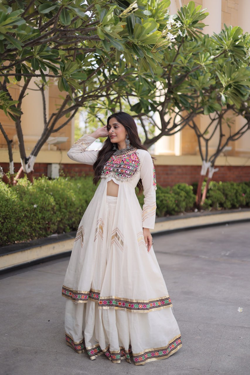Navratri Special Cotton Lehenga & Shrug Set with Gamthi, Mirror Work
