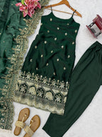 Ethnic Bottle Green Fendy Sequin & Thread Work Silk Suit with Dupatta & Pants