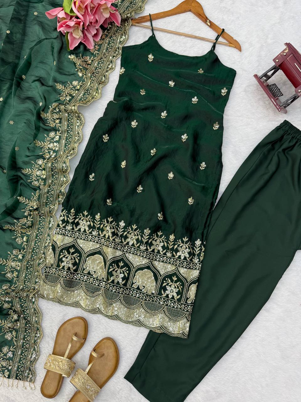 Ethnic Bottle Green Fendy Sequin & Thread Work Silk Suit with Dupatta & Pants