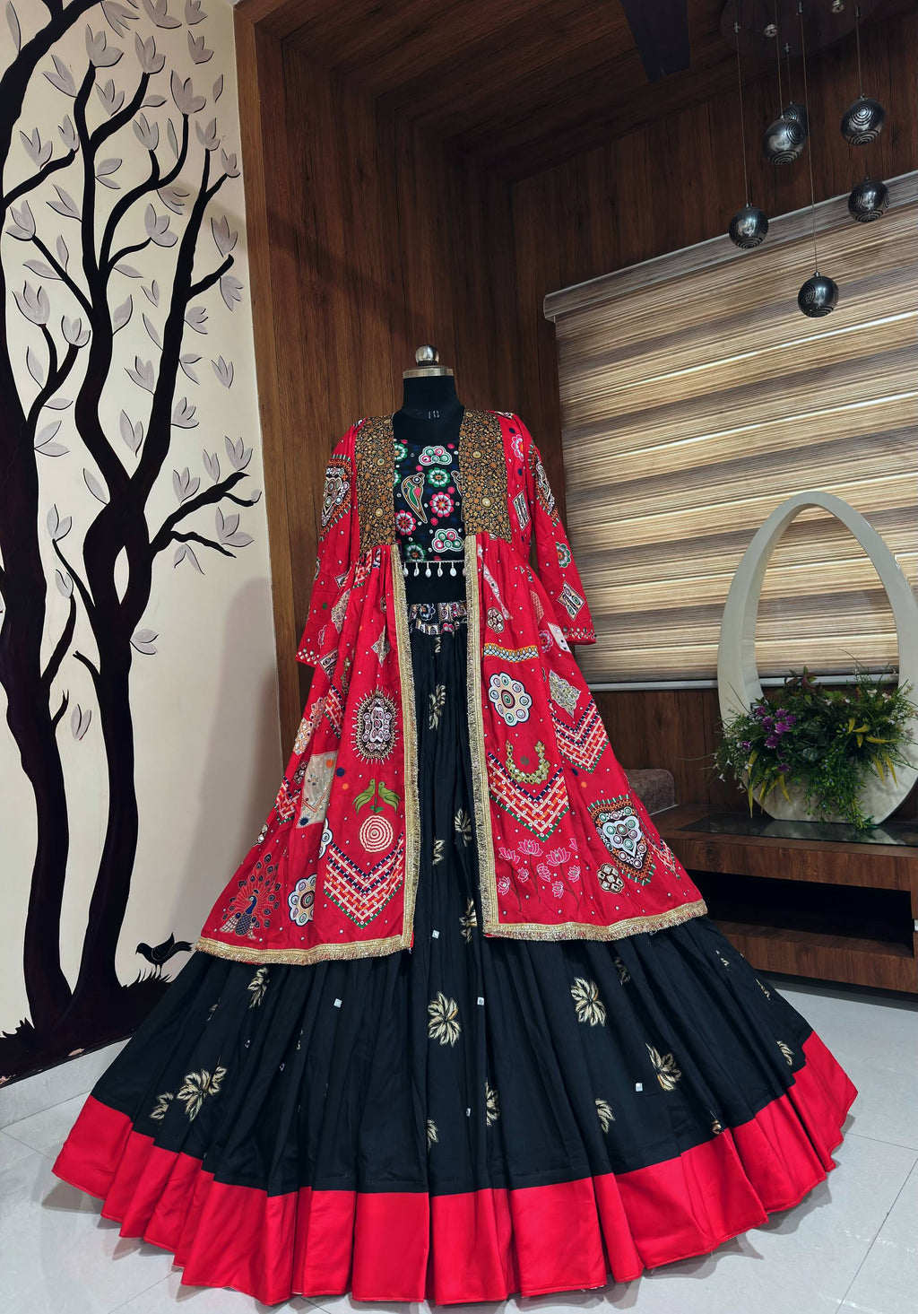 Raatri Raas Gujrati Style Mirror Work Lehenga Choli with Shrug