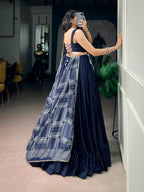 Elegant Blue Moonga Silk Lehenga Choli with Printed Satin Dupatta