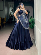 Elegant Blue Moonga Silk Lehenga Choli with Printed Satin Dupatta