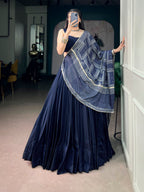 Elegant Blue Moonga Silk Lehenga Choli with Printed Satin Dupatta