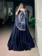 Elegant Blue Moonga Silk Lehenga Choli with Printed Satin Dupatta