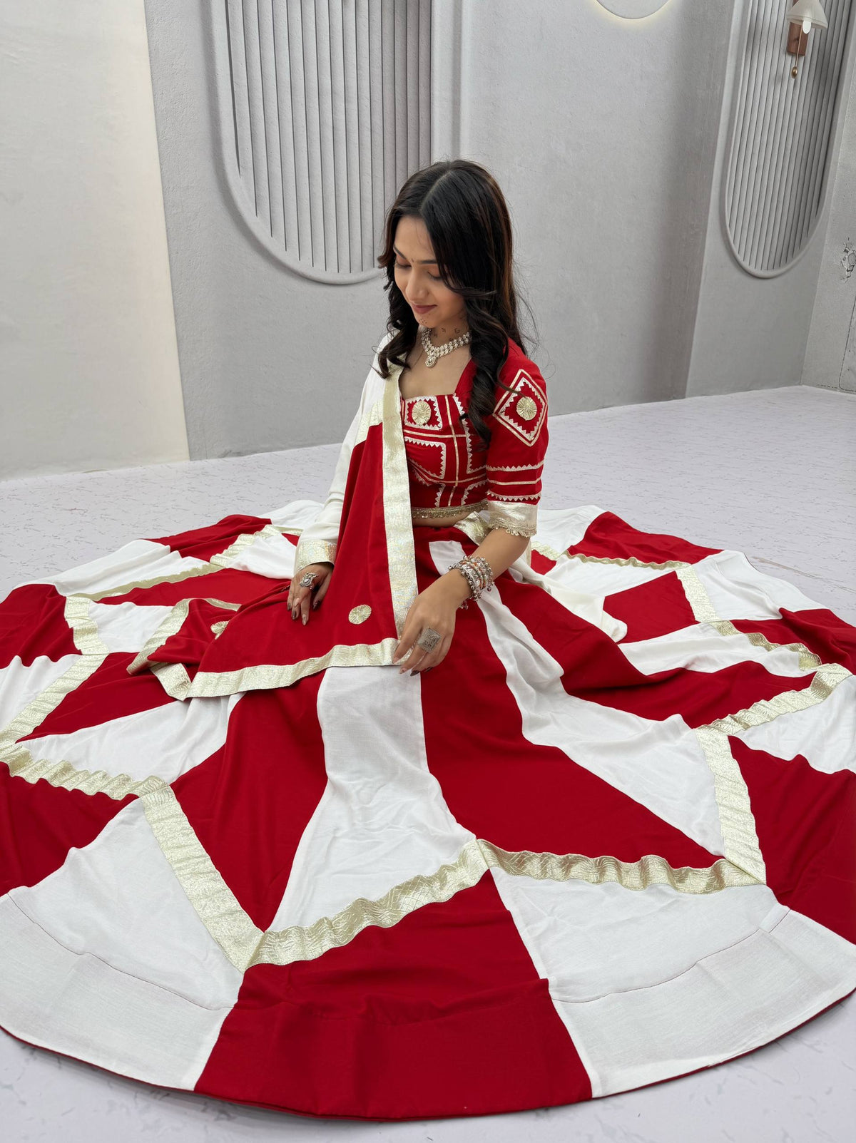 Navratri Lehenga Choli in Pure Cotton with Heavy Gota Patti Lace & Flower Hand Work, Fully Stitched Lehenga and Matching Dupatta