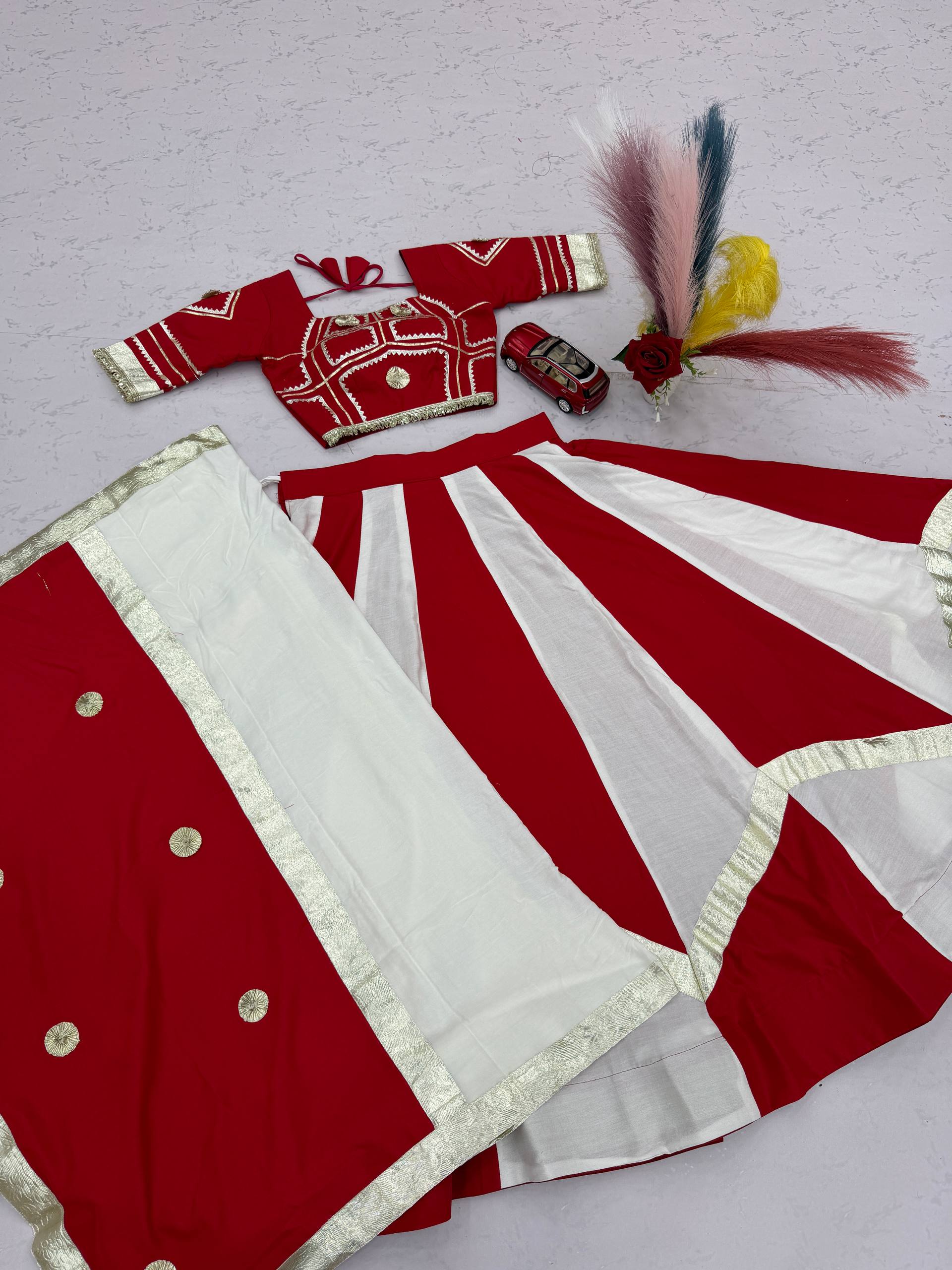 Navratri Lehenga Choli in Pure Cotton with Heavy Gota Patti Lace & Flower Hand Work, Fully Stitched Lehenga and Matching Dupatta