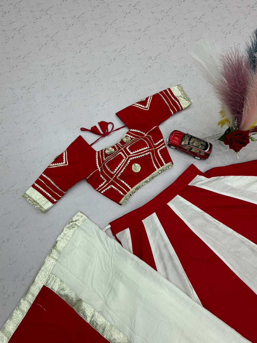 Navratri Lehenga Choli in Pure Cotton with Heavy Gota Patti Lace & Flower Hand Work, Fully Stitched Lehenga and Matching Dupatta