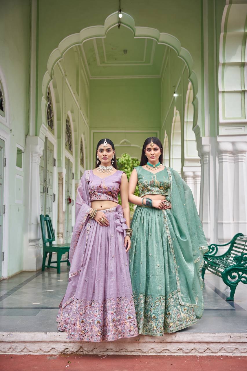Sage Green & Lavender Lehenga Crafted in Luxurious Premium Gold Fabric for Traditonal
