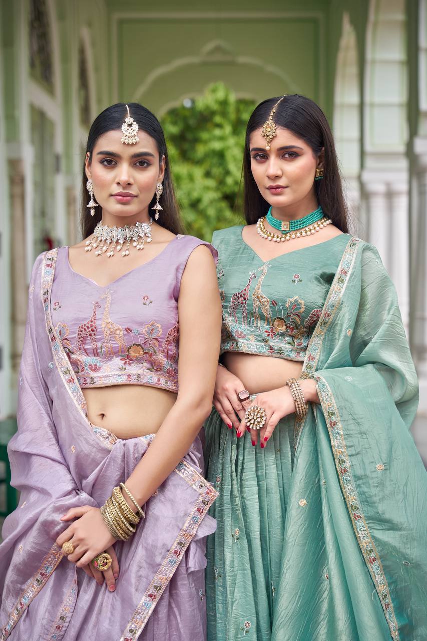 Sage Green & Lavender Lehenga Crafted in Luxurious Premium Gold Fabric for Traditonal