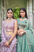 Sage Green & Lavender Lehenga Crafted in Luxurious Premium Gold Fabric for Traditonal