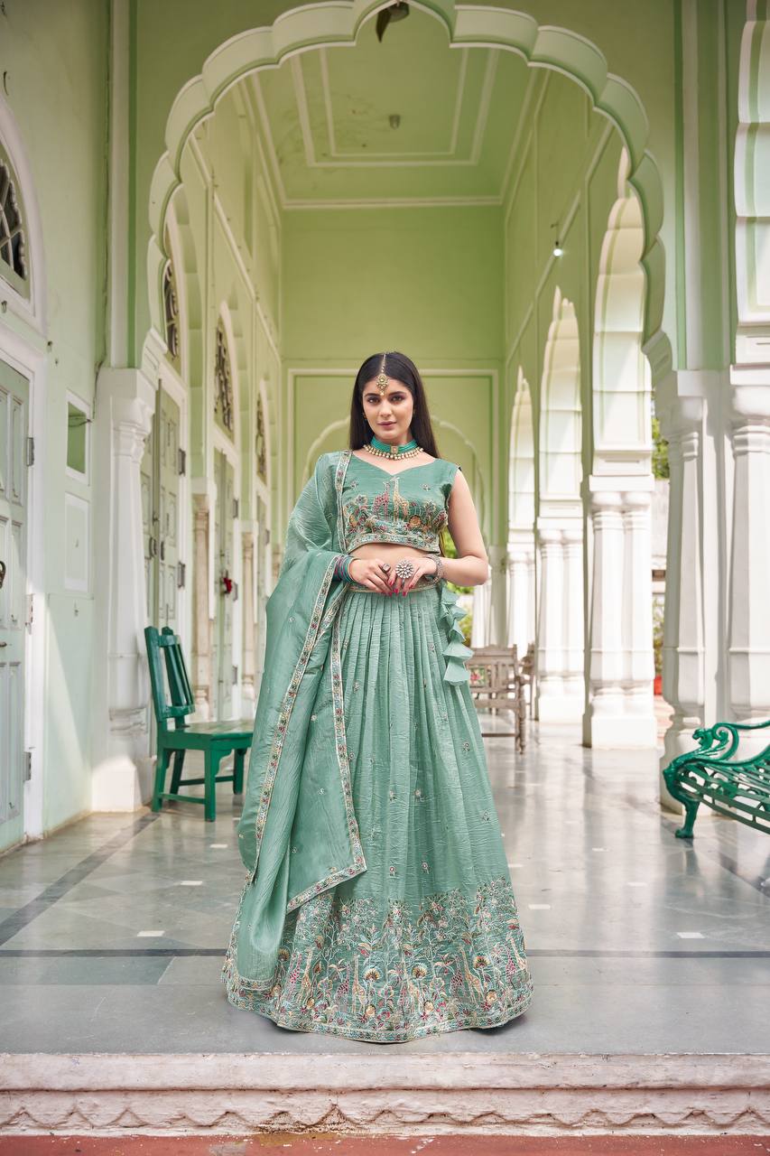Sage Green & Lavender Lehenga Crafted in Luxurious Premium Gold Fabric for Traditonal