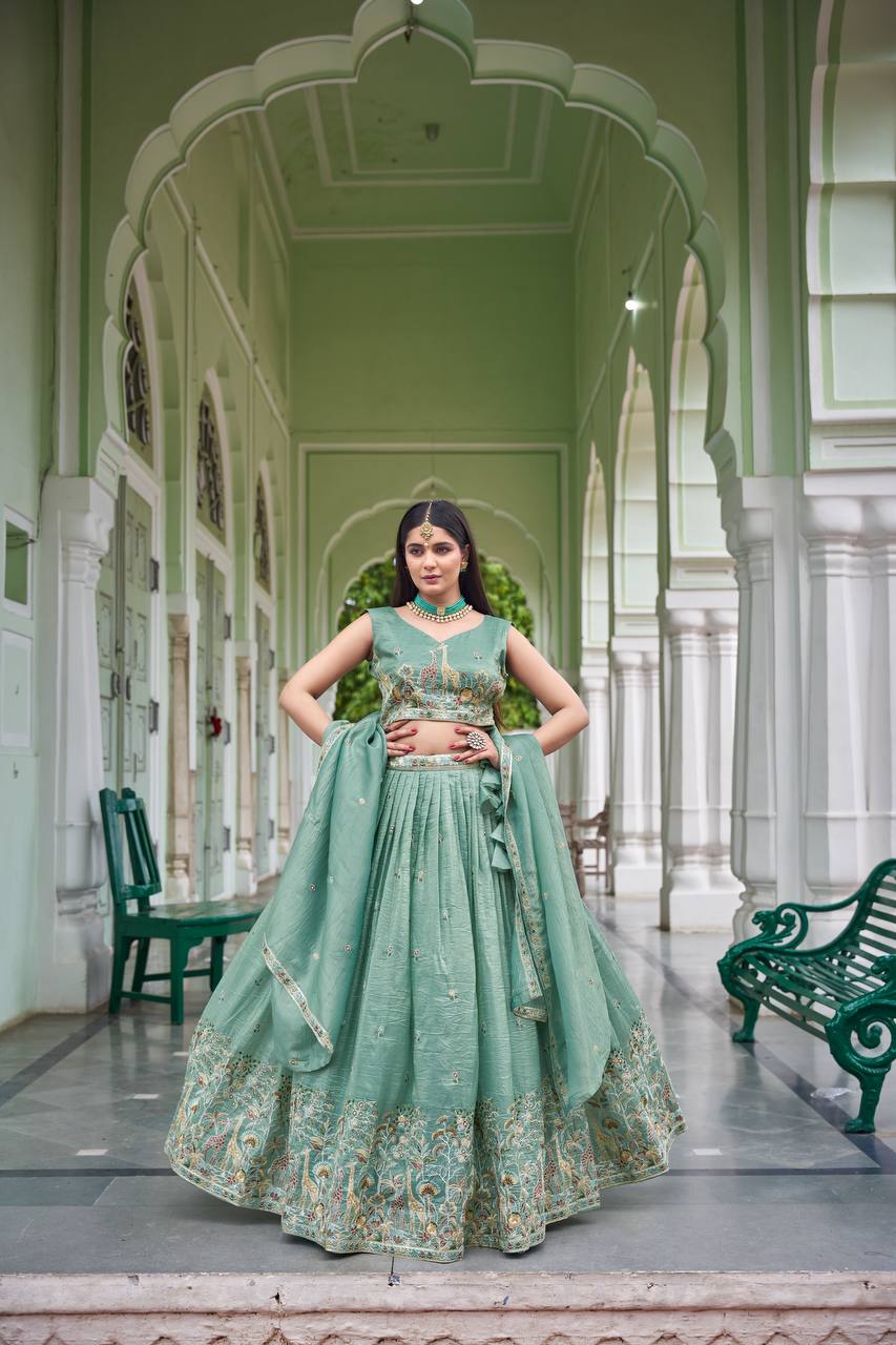 Sage Green & Lavender Lehenga Crafted in Luxurious Premium Gold Fabric for Traditonal