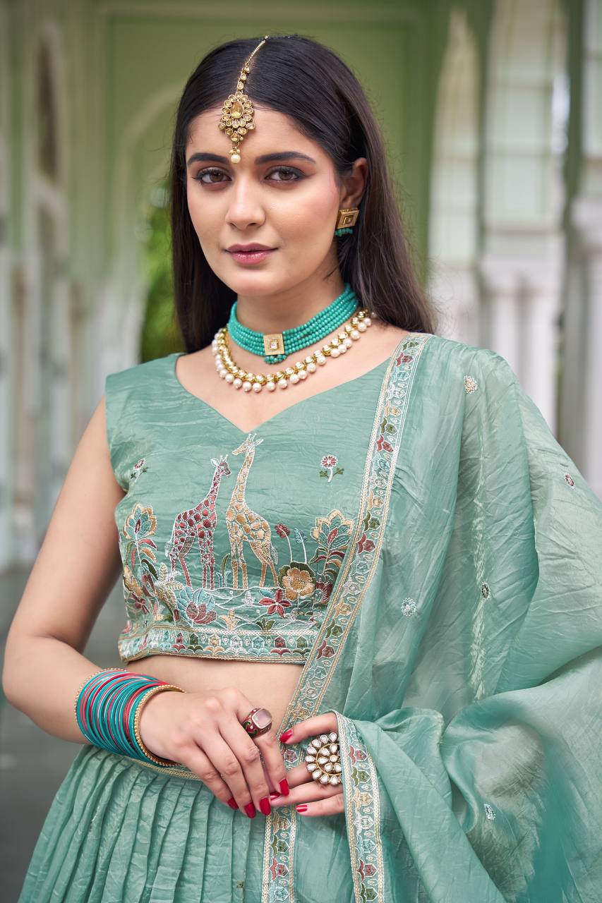 Sage Green & Lavender Lehenga Crafted in Luxurious Premium Gold Fabric for Traditonal
