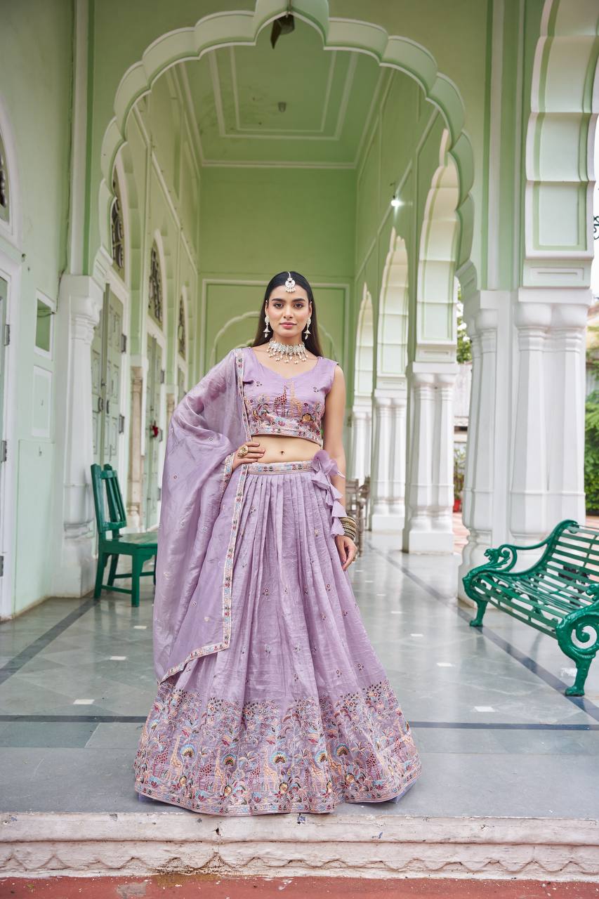 Sage Green & Lavender Lehenga Crafted in Luxurious Premium Gold Fabric for Traditonal