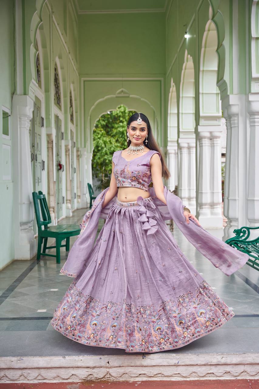 Sage Green & Lavender Lehenga Crafted in Luxurious Premium Gold Fabric for Traditonal