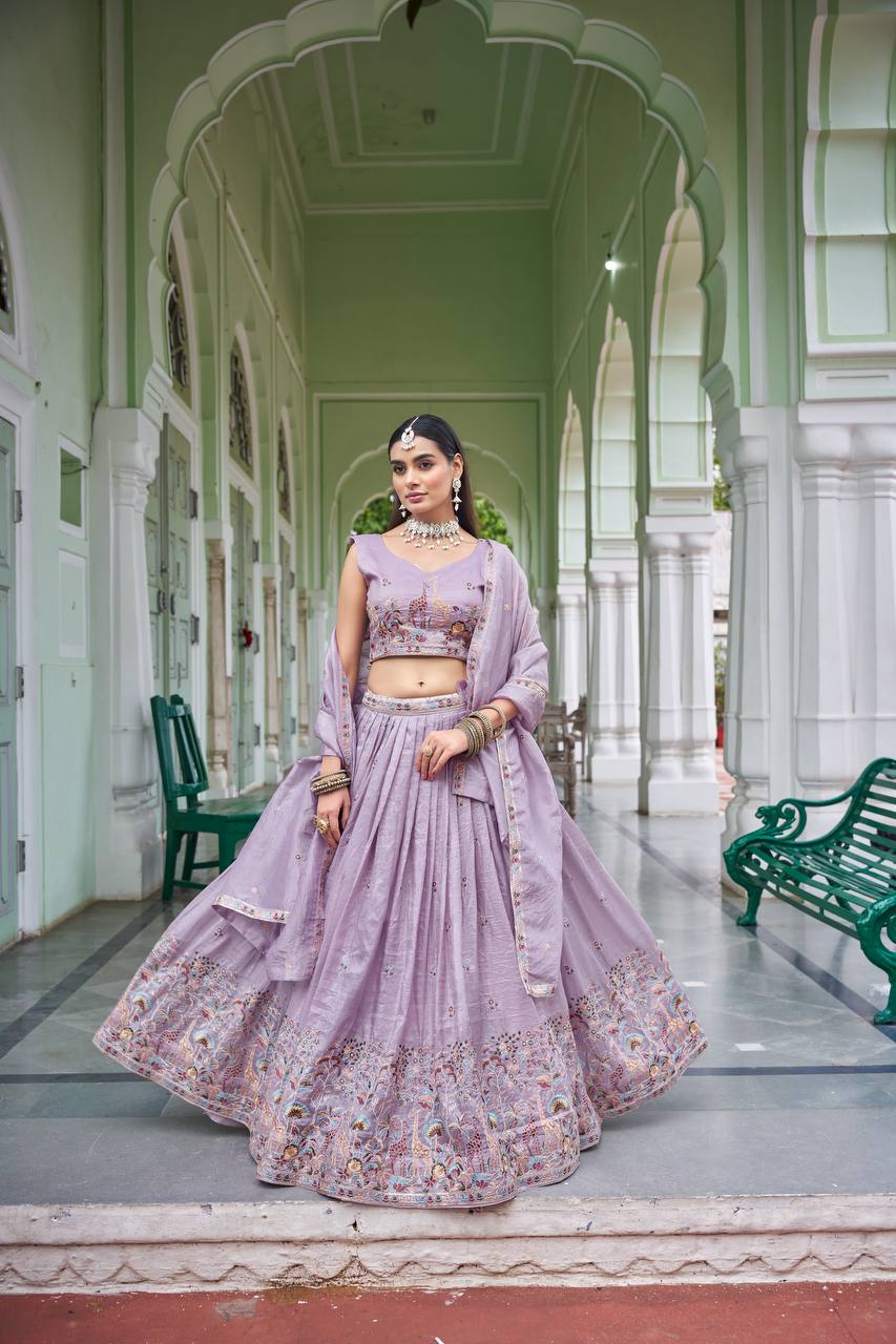 Sage Green & Lavender Lehenga Crafted in Luxurious Premium Gold Fabric for Traditonal