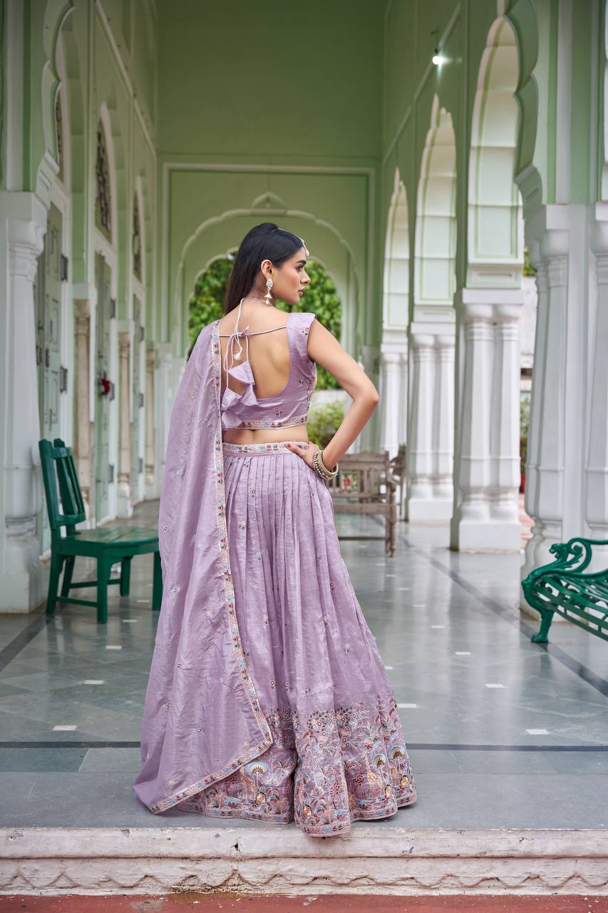 Sage Green & Lavender Lehenga Crafted in Luxurious Premium Gold Fabric for Traditonal