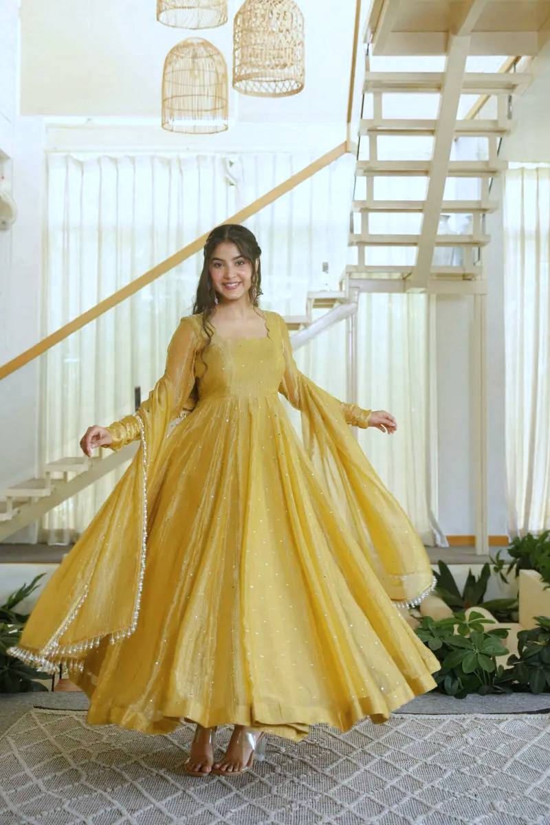 Gorgeous Golden Yellow Salsa Silk Anarkali Set