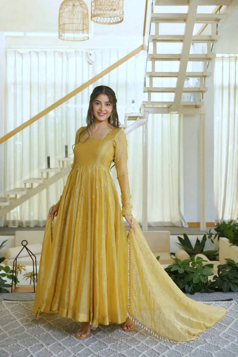 Gorgeous Golden Yellow Salsa Silk Anarkali Set