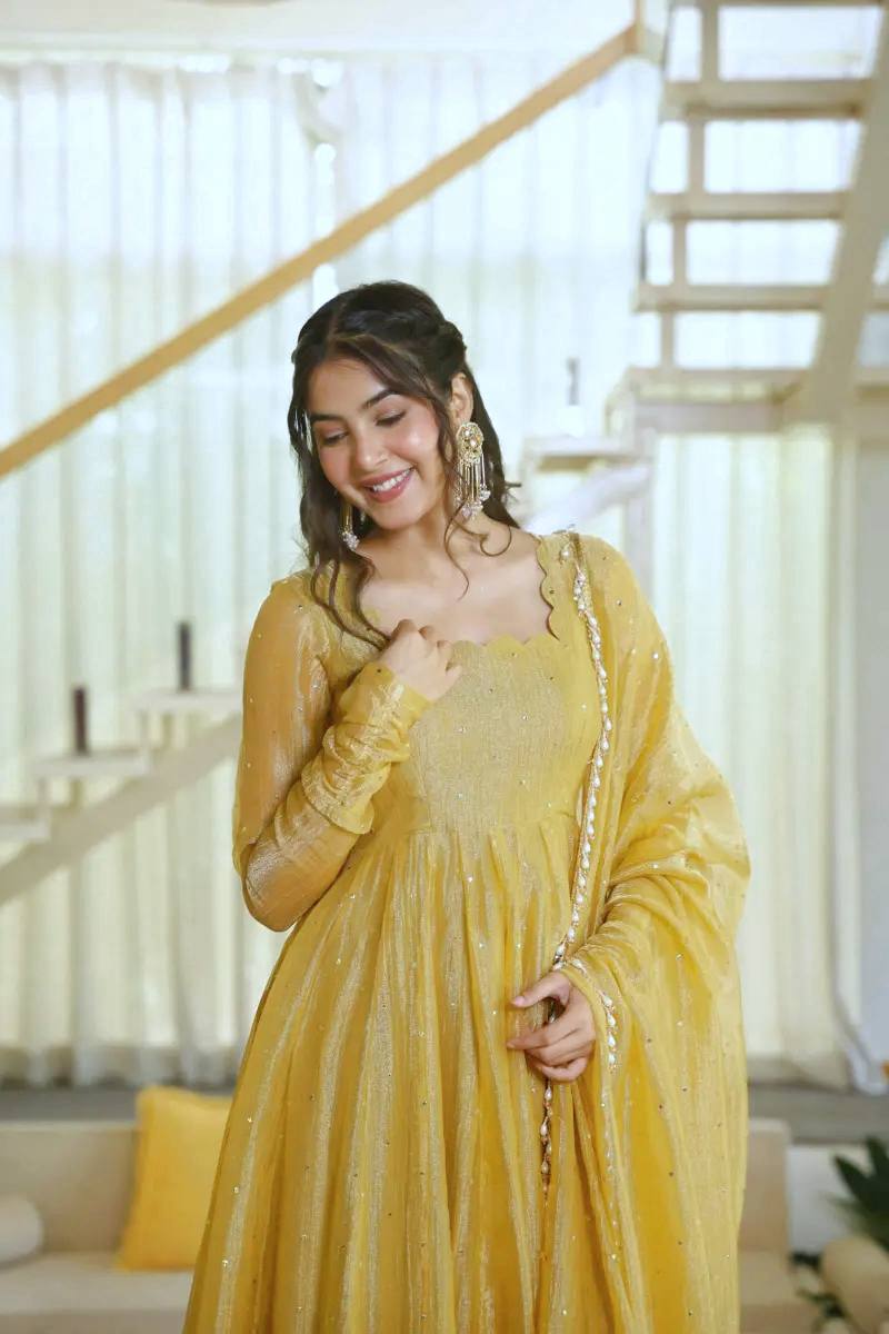 Gorgeous Golden Yellow Salsa Silk Anarkali Set