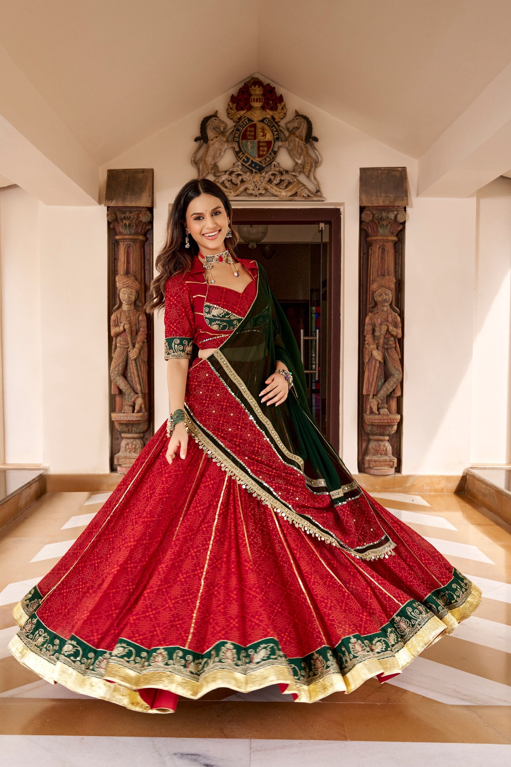 Traditional Red Bandhej Print Garba Lehenga with Dupatta for Navratri Festival