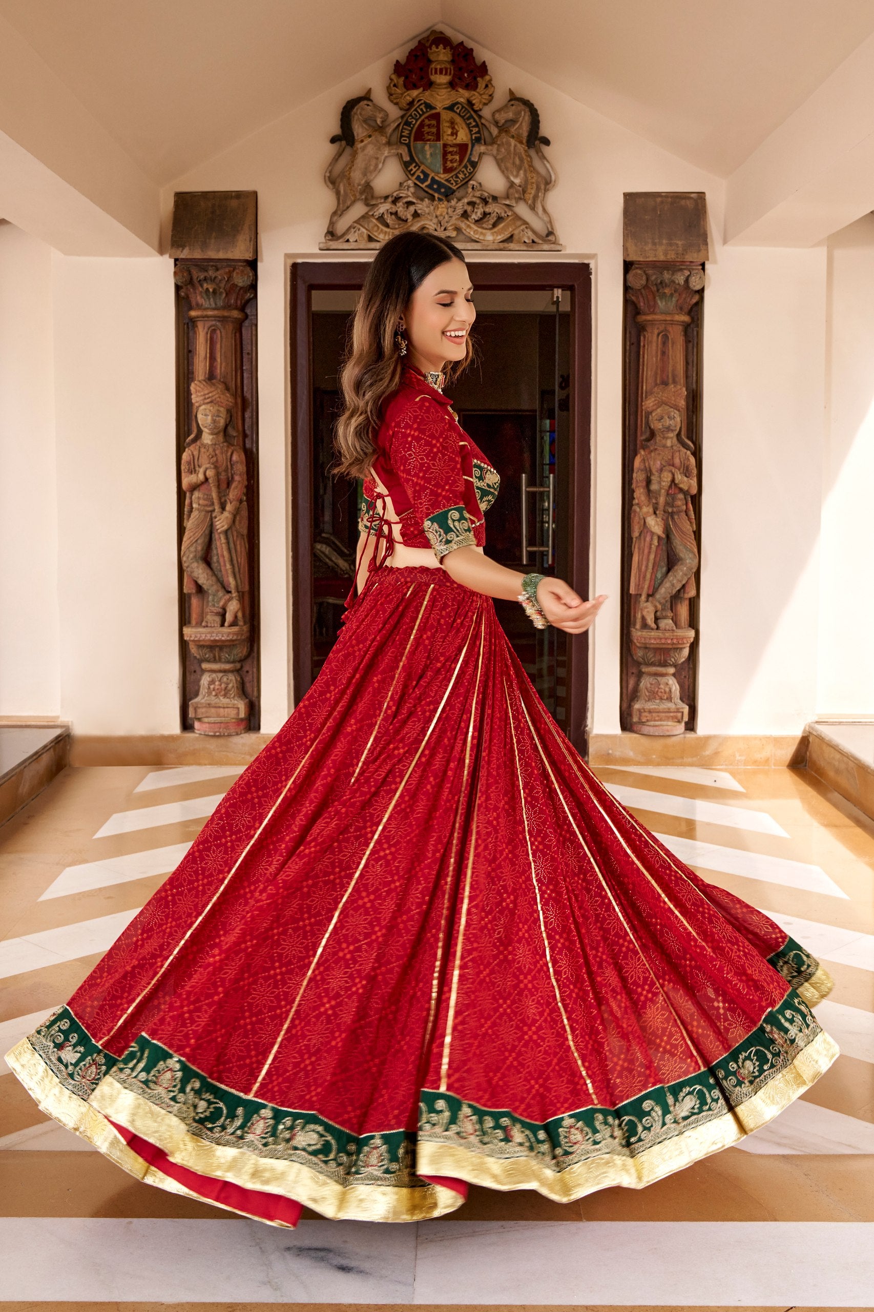 Traditional Red Bandhej Print Garba Lehenga with Dupatta for Navratri Festival