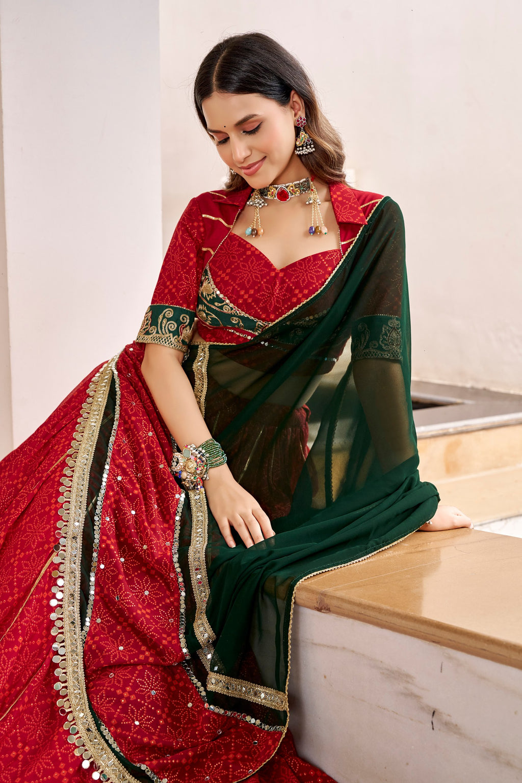 Traditional Red Bandhej Print Garba Lehenga with Dupatta for Navratri Festival