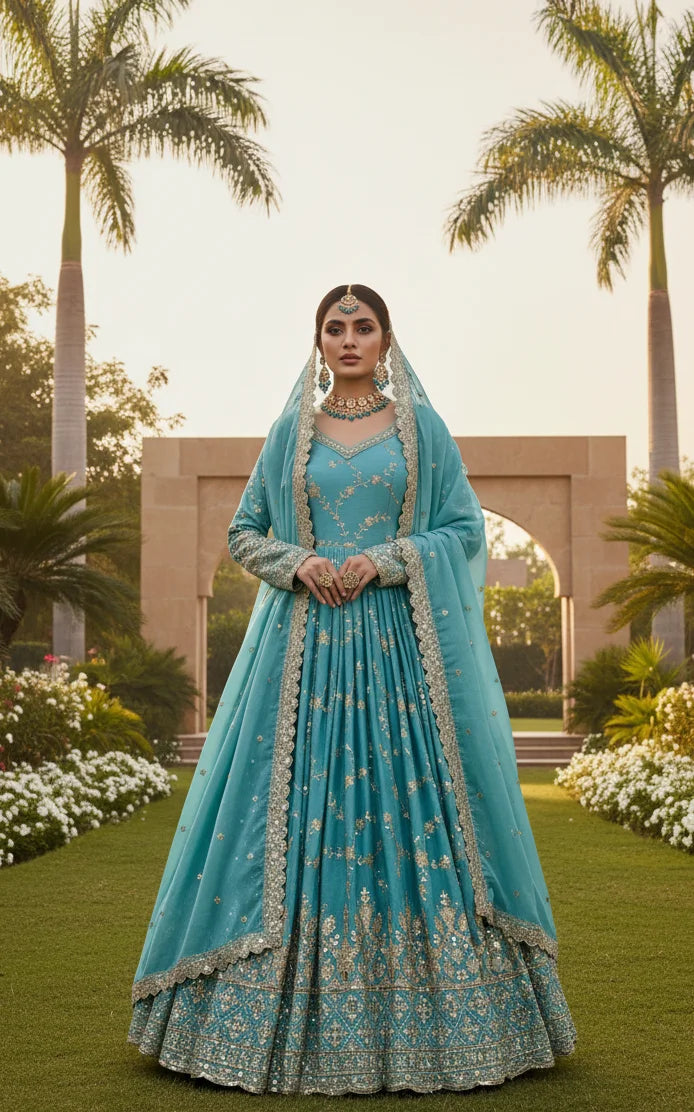 Elegant Chinon Embroidered Sequin & Mirror Work Anarkali Gown