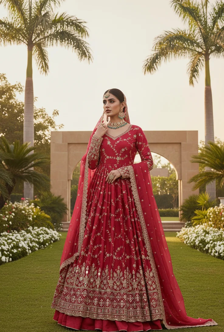 Elegant Chinon Embroidered Sequin & Mirror Work Anarkali Gown