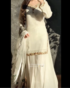 Designer White Beads and Embroidered Kurta Palazzo set with Handwork Dupatta