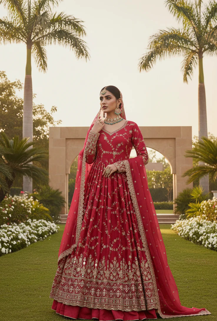 Elegant Chinon Embroidered Sequin & Mirror Work Anarkali Gown