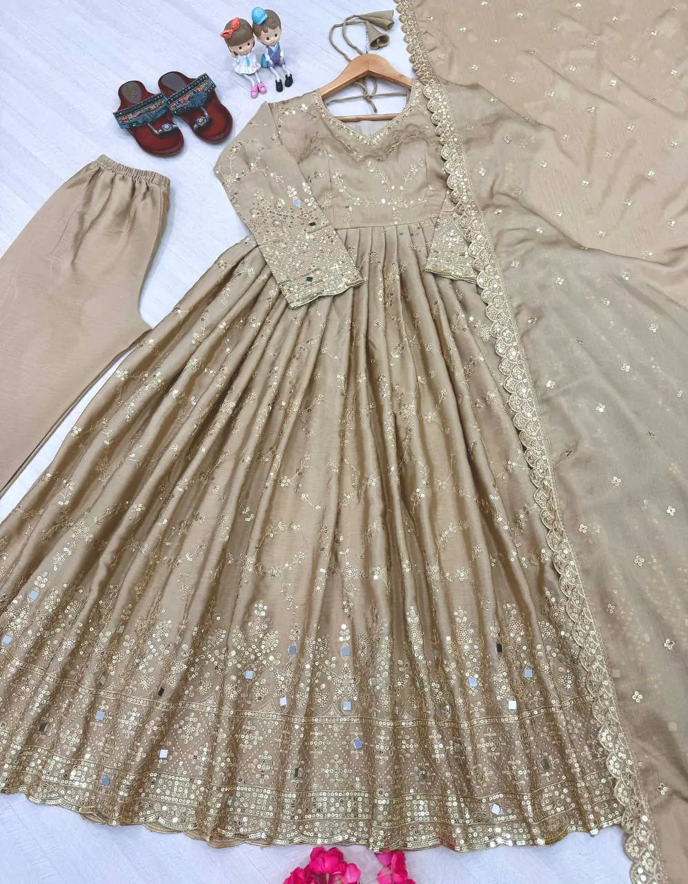 Elegant Chinon Embroidered Sequin & Mirror Work Anarkali Gown
