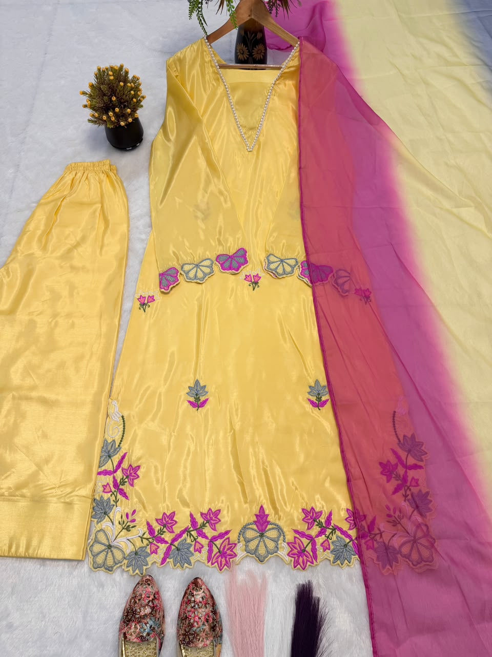 Aarvanya Pure Silk Embroidered Set with Multi-Needle Sequin Work Kurta Palazzo Set