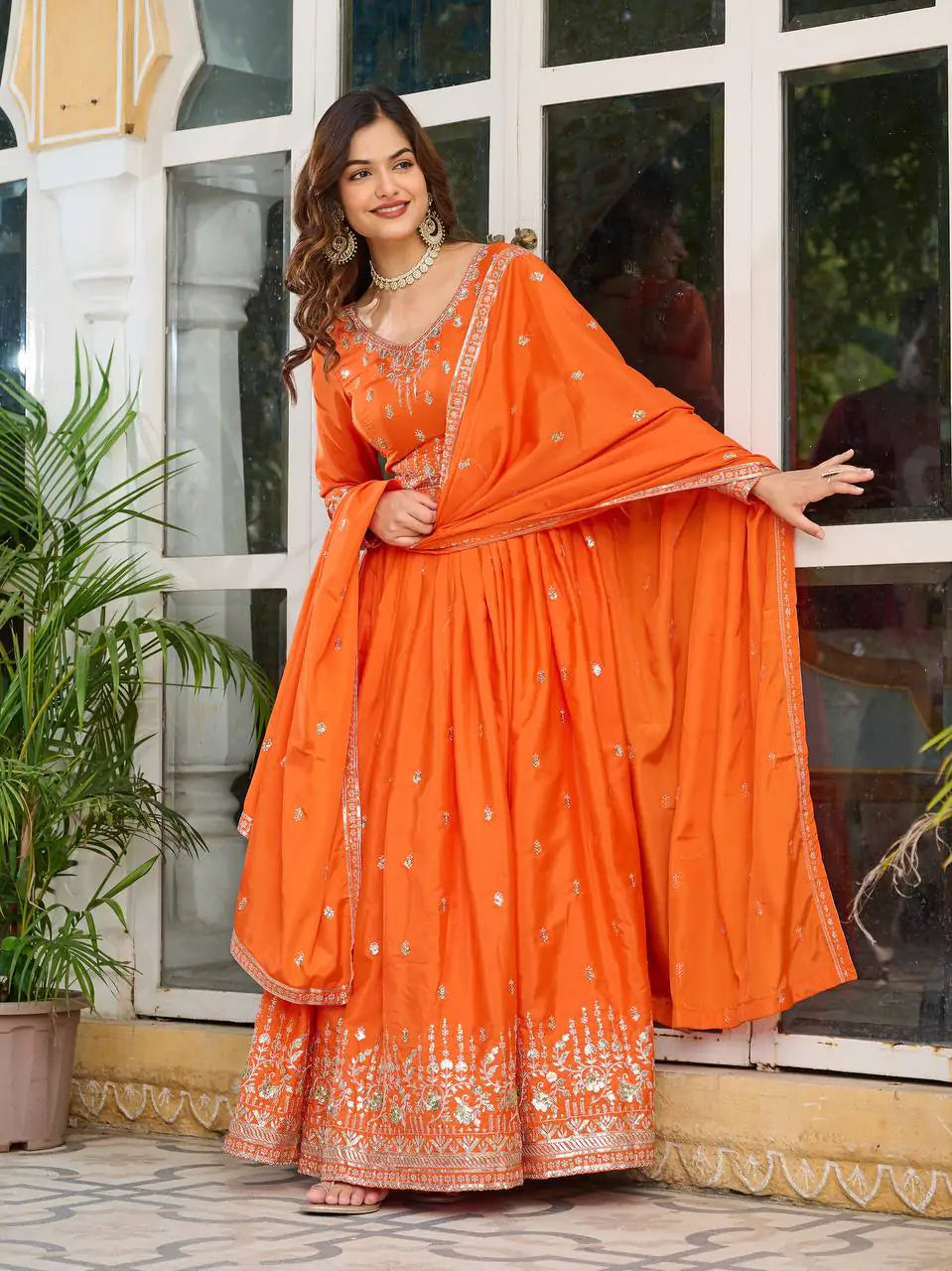 Ambarika Orange and Purple Embroidered Anarkali set in American Silk