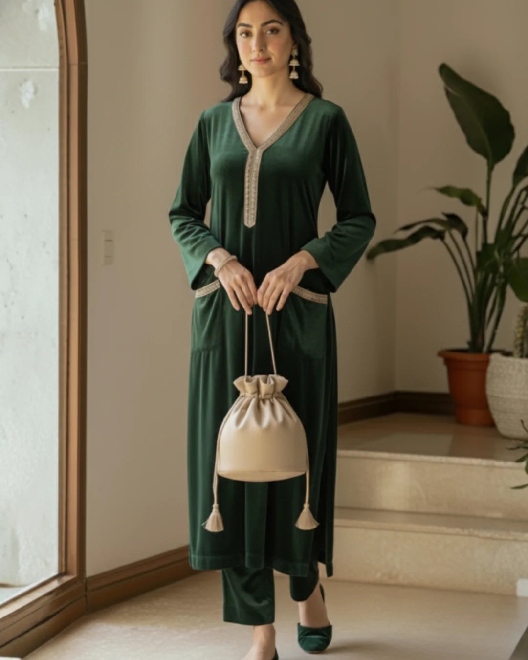 Zohreen Velvet Pakistani Style Gotta Lace Work Straight Fit with Off-White Potli Bag